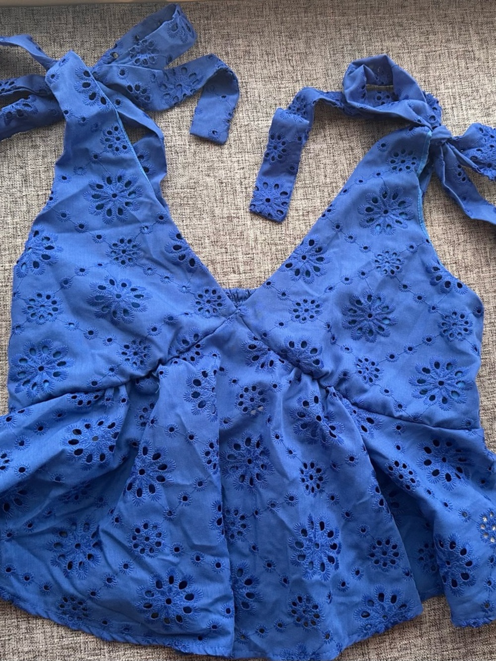 SHEIN Blue Eyelet Tie-Shoulder Peplum Tank Top